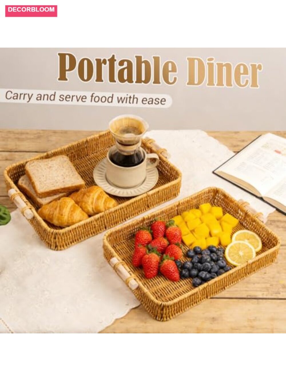 2-Pack Large Rectangular Faux Rattan Serving Tray with Wooden Handles, Woven - Picture 5 of 6